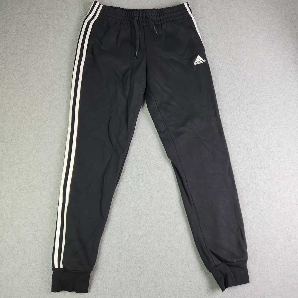 Adidas Joggers Pants Women Medium Black 3 Stripe Fleece Lined Tapered Drawstring